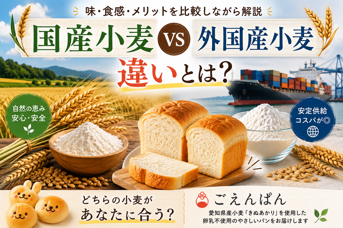 国産小麦と外国産小麦の違いを比較しながら味や食感の特徴を解説するごえんぱんのサムネイル